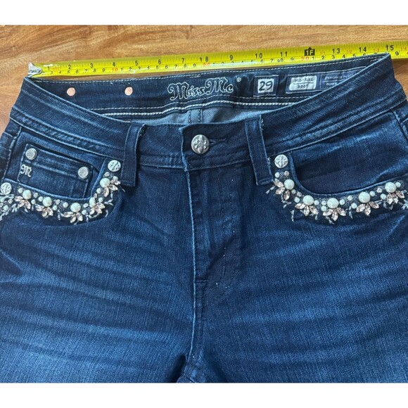 Miss Me MP724982 Pearl & Rhinestone Front Pocket Dark Wash Bootcut Jeans. - Picture 8 of 16
